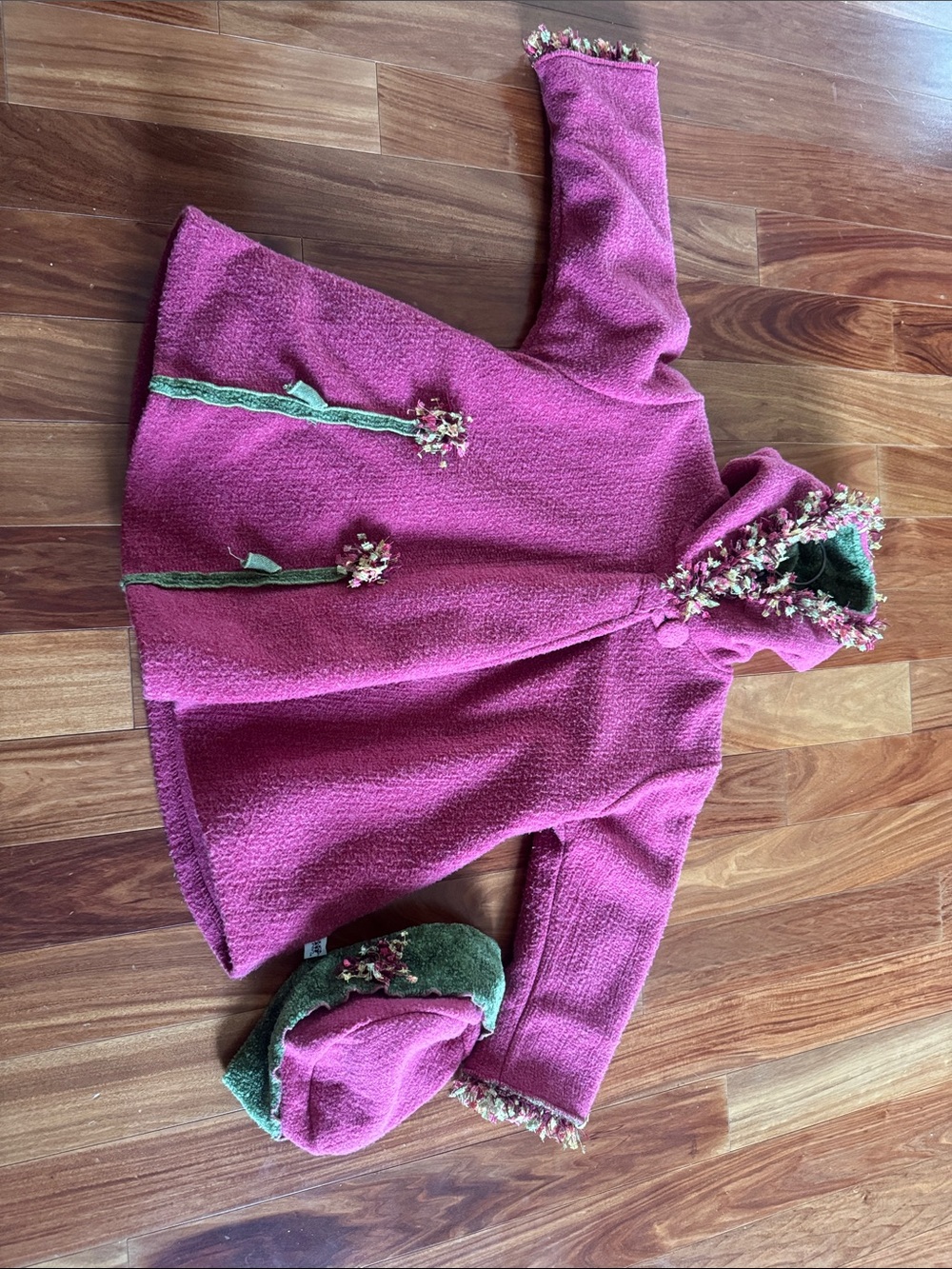 Girls' Pink Hooded Cape Coat with Floral Trim